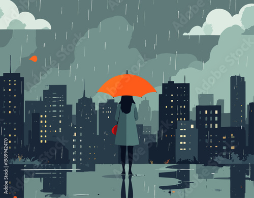  Persona con paraguas bajo la lluvia en una ciudad con reflejos y edificios.
