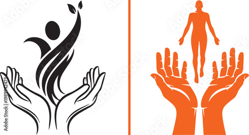 Vector illustration of hands cupping human silhouettes for healthcare wellness and environmental protection concepts