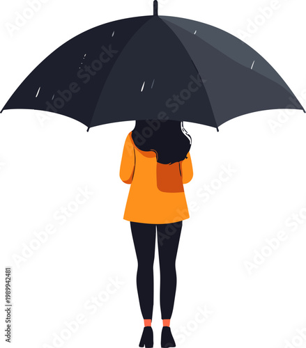  Persona vista de espaldas con paraguas bajo lluvia en estilo plano, ilustración vectorial.

