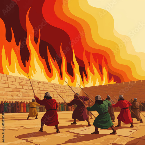 Ancient siege battle with soldiers attacking burning fortress walls, dramatic flames, smoke, crowd, and historical warfare illustration
