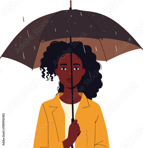  Mujer con paraguas bajo la lluvia en estilo plano, ilustración vectorial.
