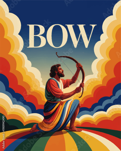 Vintage biblical rainbow poster with Noah kneeling and bow, colorful clouds, spiritual faith illustration with inspirational text