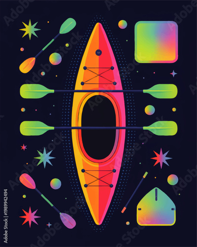 Colorful kayak with paddles and gear in vibrant flat vector style on dark background, outdoor adventure water sports illustration