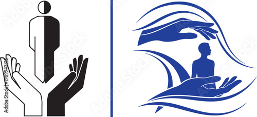 Social support and community care vector icons featuring hands protecting a human silhouette for charity and humanitarian concepts
