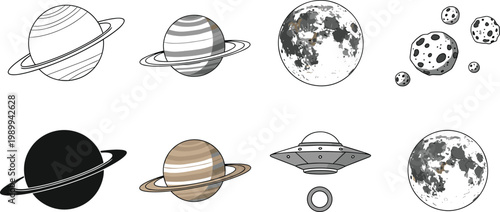 Space Exploration Vector Set Featuring Saturn Moon Asteroids and UFO for Science Fiction and Astronomy Education Graphic Design