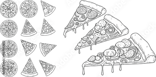 Pizza Slice and Whole Pie Vector Illustration Set in Hand Drawn Sketch Style Featuring Pepperoni Olives and Melted Cheese for Pizzeria Menu and Fast Food Graphic Design