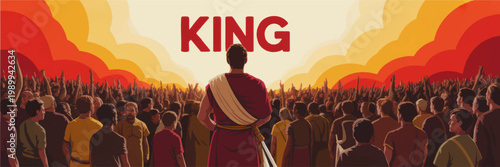 Ancient king addressing vast cheering crowd at sunrise, dramatic royal leader scene in bold vintage illustration style