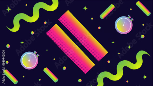 Vibrant Retro 80s Fitness Background with Neon Pause Symbol, Dumbbells and Stopwatch on Dark Geometric Memphis Pattern