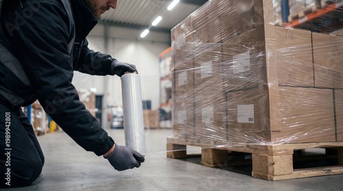 Warehouse worker wrapping cardboard boxes on a pallet with plastic film for shipping