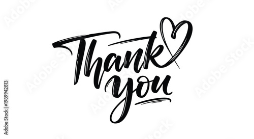 Elegant hand lettered 'thank you' message with heart accent on a white background