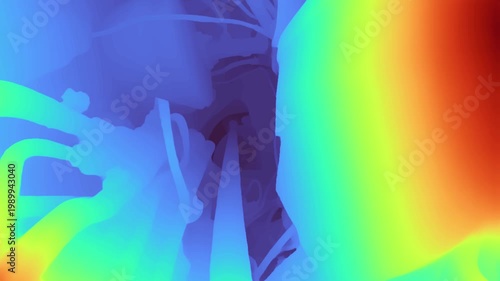 Depth map of a car engine bay showing color-coded distance data and structural geometry of internal components in a technical, abstract visualization.