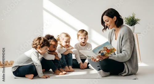 “Teacher Reading to Children on White Background – Early Education and Learning Concept”