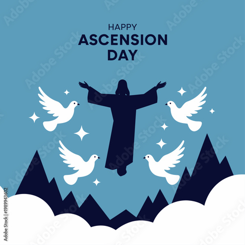 Flat design happy ascension day banner with jesus silhouette and white doves