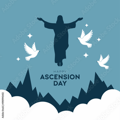 Flat design happy ascension day banner with jesus silhouette and white doves