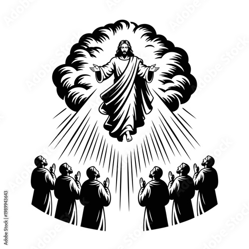 Vintage woodcut illustration of Jesus Christ ascending to heaven with disciples praying