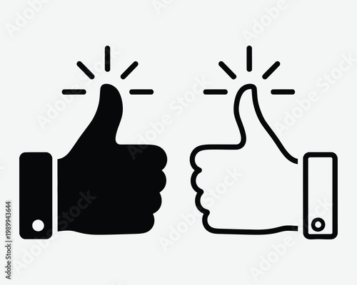 Two black thumbs up icons with sparkles one on a smartphone screen