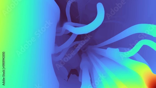 Depth map of a car engine bay showing color-coded distance data and structural geometry of internal components in a technical, abstract visualization.