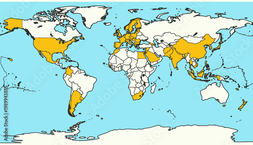 Detailed World Map Highlighting Specific Regions and Countries in Contrasting Colors Against a Blue Ocean Background