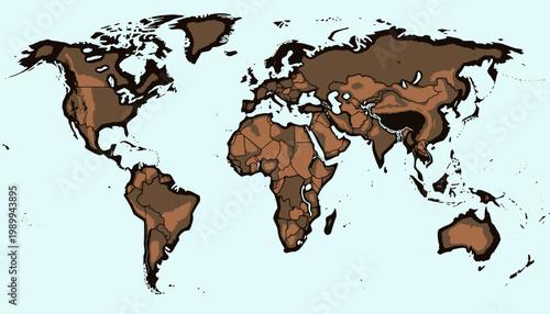 Artistic World Map Visualizing Continent Outlines with Highlighted Geographical Features and Simplified Global Territories in Earth Tones