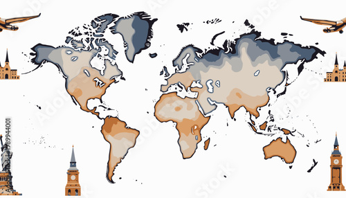 Artistic World Map with Iconic Architectural Landmarks and Airplanes Highlighting Global Travel Concept