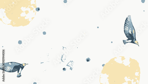 Serene Watercolor Illustration of Birds Swiftly Flying Amidst Soft Abstract Circles on a Peaceful Sky Background