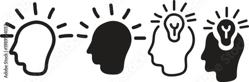 Black Human Head Idea Icons Set - Brainstorming, Innovation, and Creative Thinking Symbols - Lightbulb Inside Mind Line Art and Silhouettes - Professional UI Web Icons