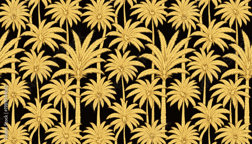 Vibrant Pattern of Lush Golden Palm Trees Against Contrasting Bold Black Background Creating Striking Visual Impact