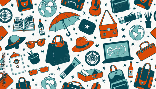 Collection of Travel Essentials with Globes, Luggage, and Accessories for a Stylish Journey Around the World in Vibrant Colors and Patterns