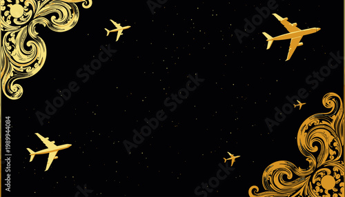 Golden Airplanes Soaring Amidst Ornate Baroque Patterns on a Starry Night Sky Background, Highlighting the Elegance of Flight and Artistic Design