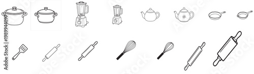 A collection of kitchen utensils and cookware for cooking and baking
