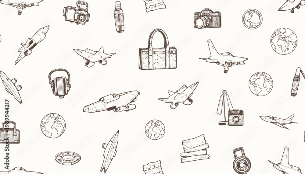 Fototapeta premium Seamless Pattern Featuring Vintage Airplanes, Cameras, Luggage, and Travel-Themed Icons for Retro Adventure Inspiration