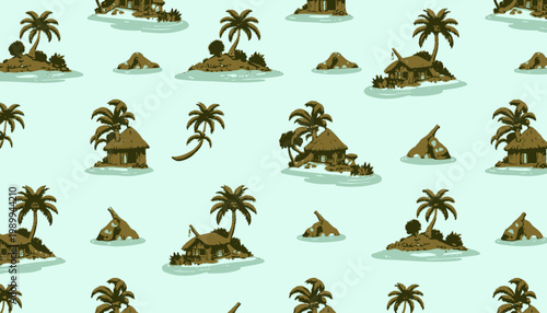 Seamless Tropical Island Pattern Featuring Palm Trees, Thatched Huts, and Rocky Shores on a Light Blue Background for Beach-themed Designs