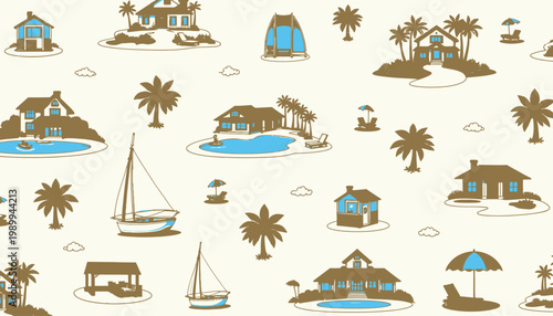 Illustrated Tropical Island Resort Pattern Featuring Beach Houses, Palm Trees, Sailboats, and Poolside Relaxation Elements on a Light Background