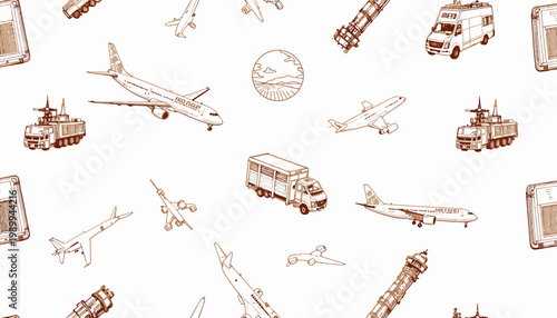 Illustrative Pattern of Various Modes of Transportation Including Airplanes and Trucks Showcasing Diverse Vehicles in a Seamless Vintage Style Design