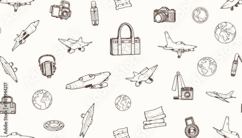 Seamless Pattern Featuring Vintage Airplanes, Cameras, Luggage, and Travel-Themed Icons for Retro Adventure Inspiration