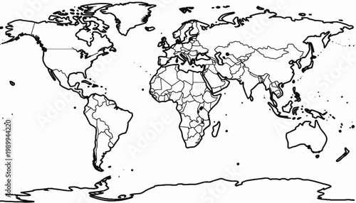 Illustrative Black and White World Map Featuring Detailed Continental and Country Borders for Educational and Geographical Reference