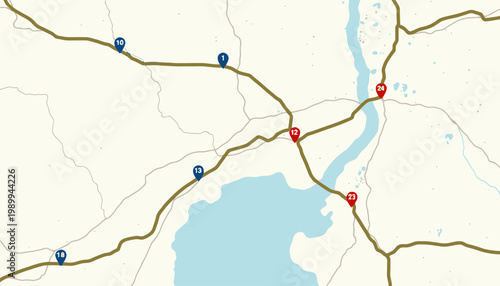 Detailed Map Illustration of Key Route Intersections with Numbered Markers on Roads and Geographic Features