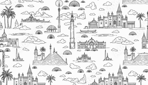 Seamless Pattern Features Illustrative Skyline of Iconic Architectural Landmarks Amidst Stylized Clouds and Palms