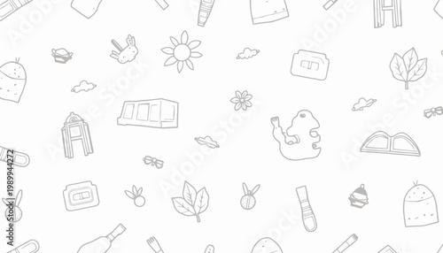 Seamless Pattern of Simplistic Line Drawings Featuring Random Objects and Elements on a Clean White Background for Artistic Inspiration