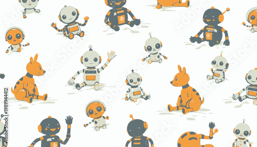 Adorable Cartoon Robots and Kangaroos in a Playful Pattern on a Light Background Featuring Colorful Characters