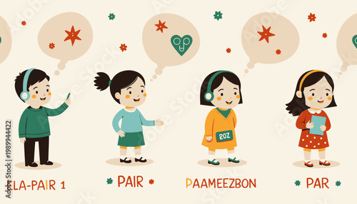 Illustration of Children Engaged in Language Learning with Speech Bubbles and Interacting Characters Displaying Devices and Thought Icons