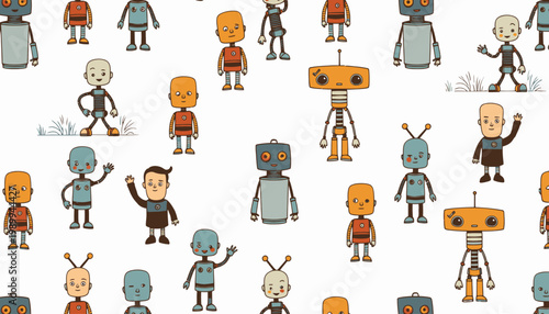 Whimsical Pattern Featuring Various Cartoon Robots and Human Figures with Multiple Expressions and Poses on a White Background