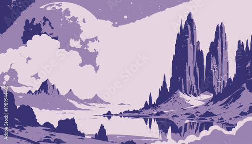 Glistening Alien Landscape Under a Blood Moon with Jagged Peaks and Misty Clouds Reflecting in a Serene Lake