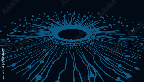 Futuristic Circular Circuit Board Technology with Radiating Blue Lines and Glowing Optical Node in High-Tech Digital Design