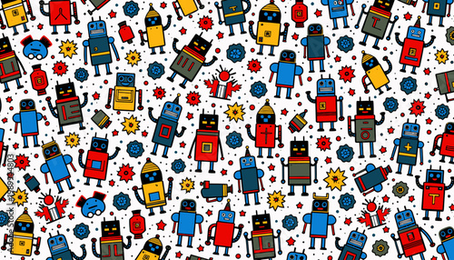Playful Cartoon Robots Pattern with Various Vibrant Colors and Designs on a Light Background for Whimsical Technology and Futuristic Fun