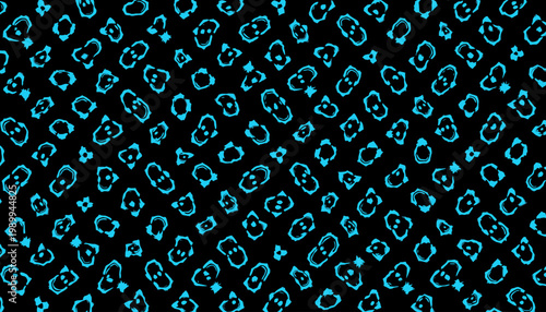 Abstract Black and Blue Pattern with Repeated Organic Geometric Shapes in a Randomized Arrangement on a Contrasting Dark Background