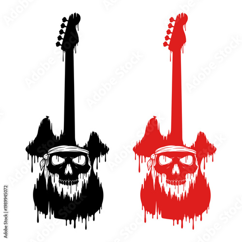 Electric Bass Guitar Silhouette with Pirate Skull Tattoo Style Design in Black and Red Colors