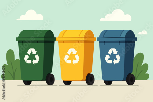 Contenedores de reciclaje en diferentes colores alineados en exterior.
