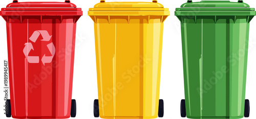  Contenedores de basura para reciclaje en diferentes colores alineados.
