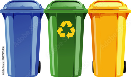  Cubos de reciclaje de colores con símbolo ecológico.
